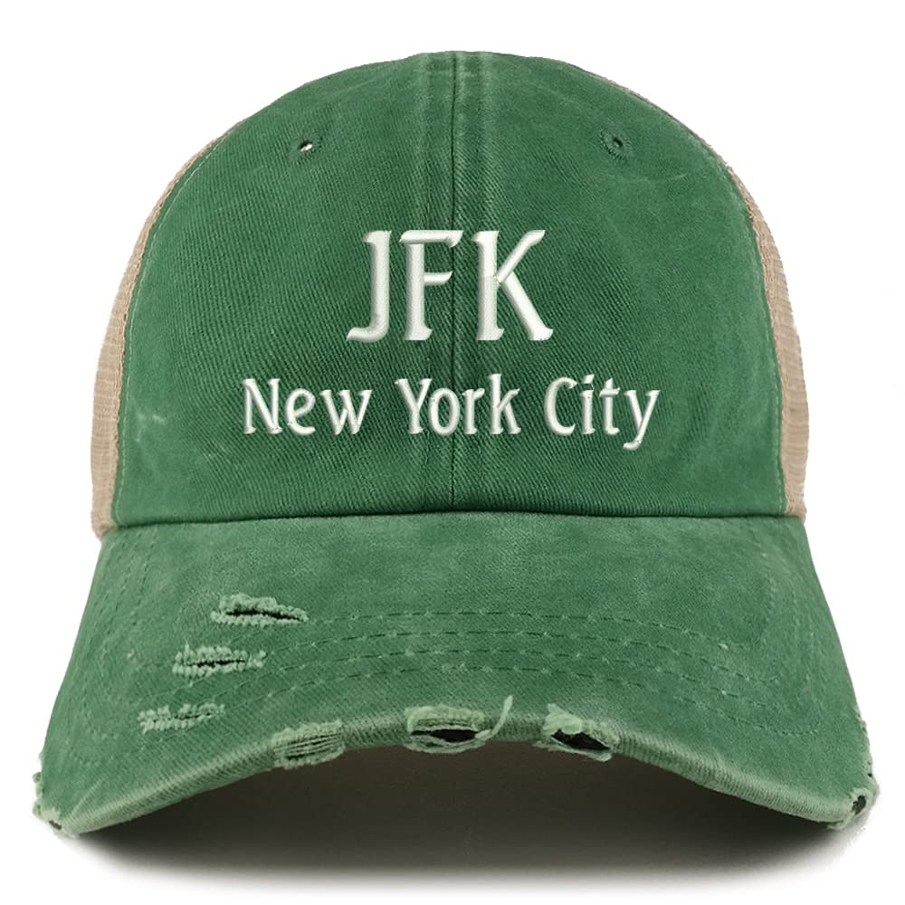 Trendy Apparel Shop JFK New York City Embroidered Frayed Bill Trucker Mesh Back Cap