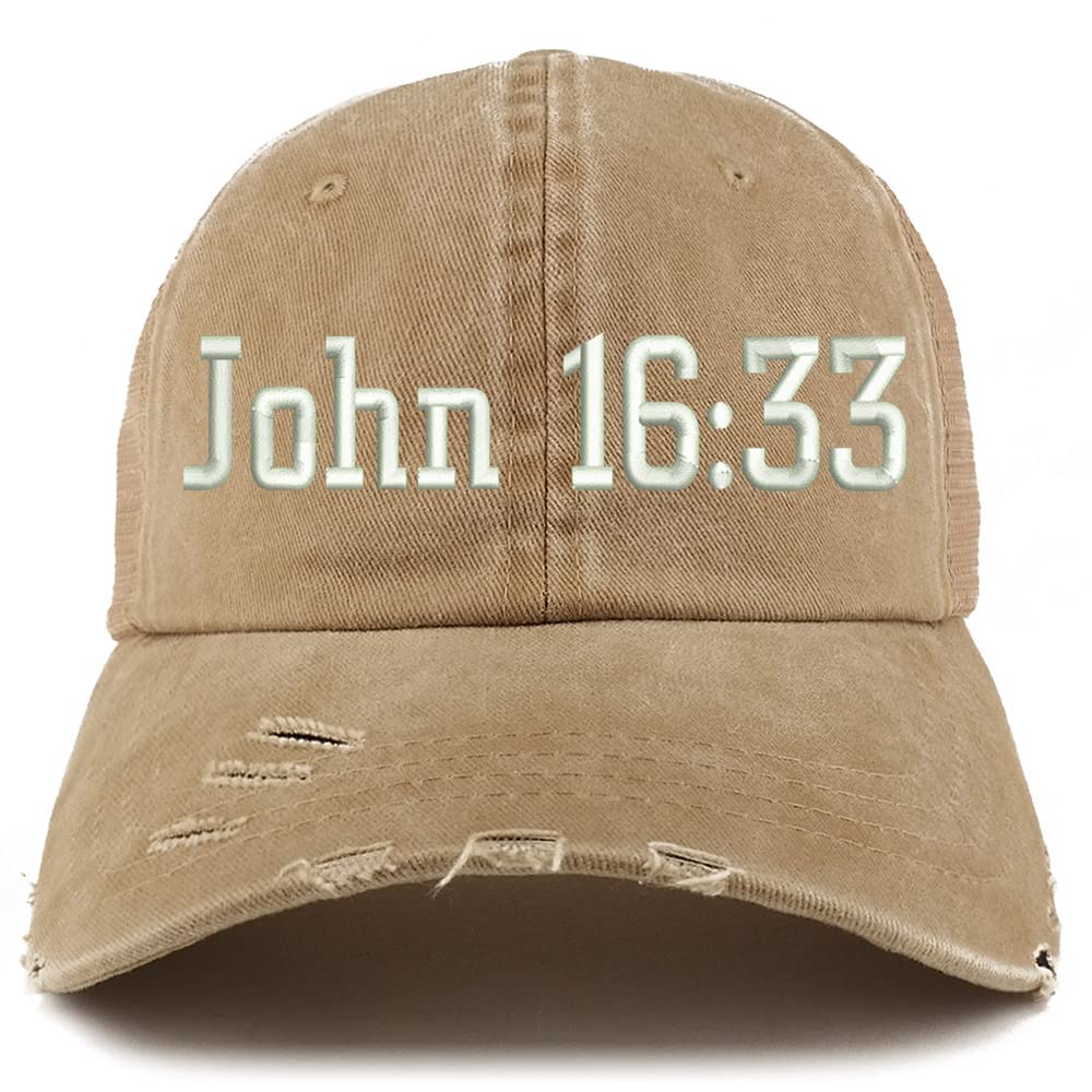 Trendy Apparel Shop John 16:33 Frayed Bill Trucker Mesh Back Cap