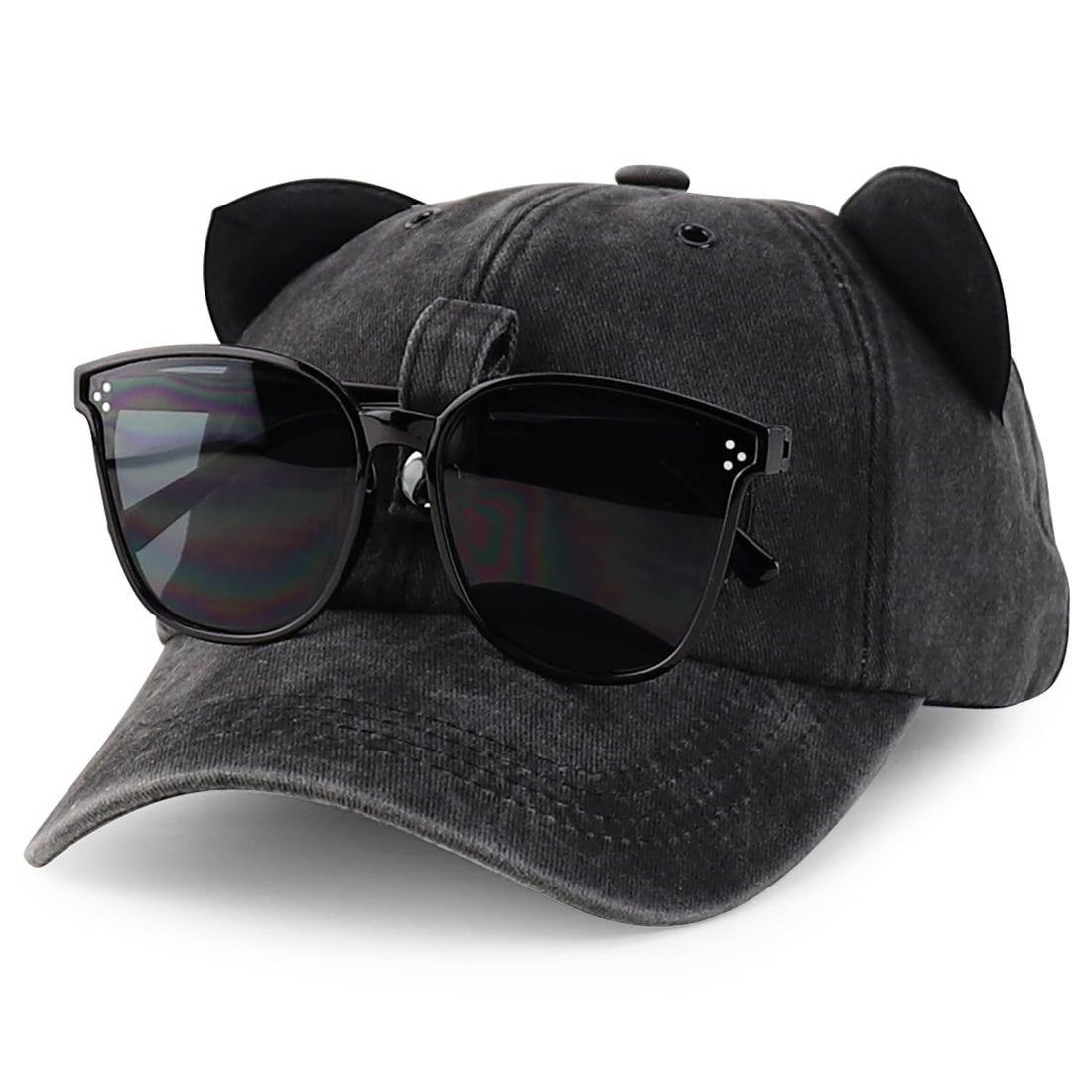 Trendy Apparel Shop Washed Cotton Cat Ear Baseball Cap with Sunglasses Holder