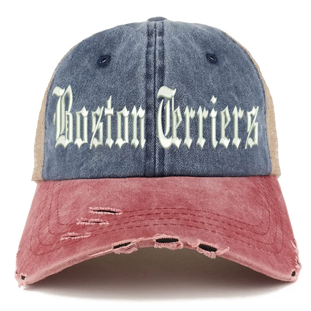 Trendy Apparel Shop Old English Boston Terriers Frayed Bill Trucker Mesh Back Cap