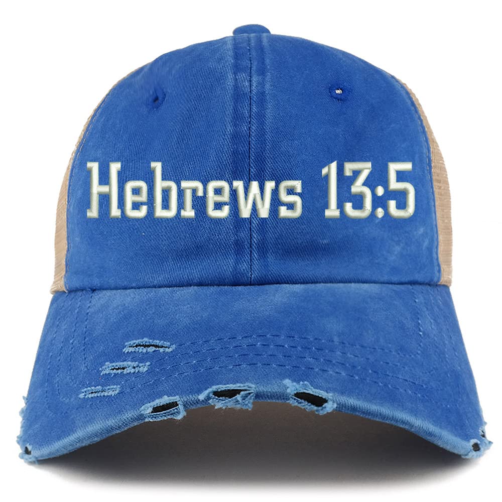 Trendy Apparel Shop Hebrews 13:5 Frayed Bill Trucker Mesh Back Cap