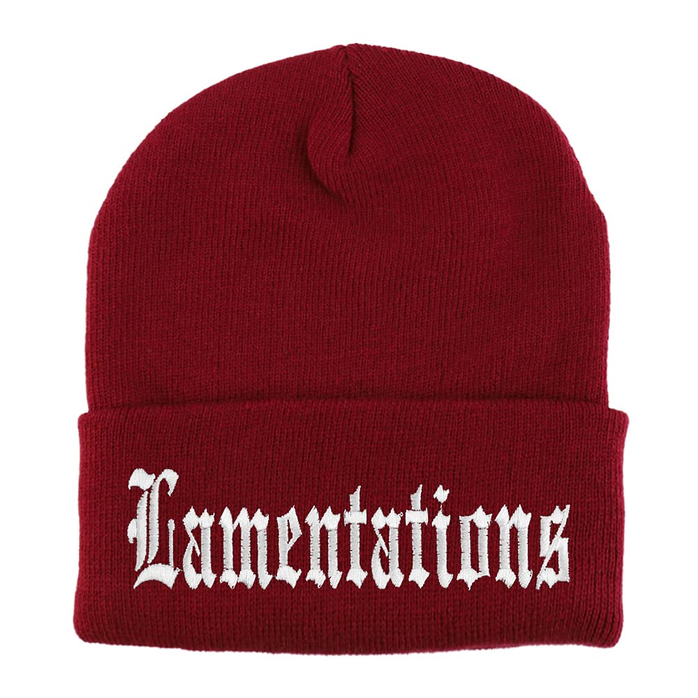 Trendy Apparel Shop Lamentations Old English Embroidered Long Cuff Beanie