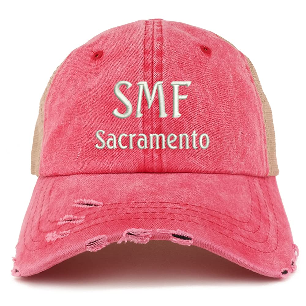 Trendy Apparel Shop SMF Sacramento Embroidered Frayed Bill Trucker Mesh Back Cap