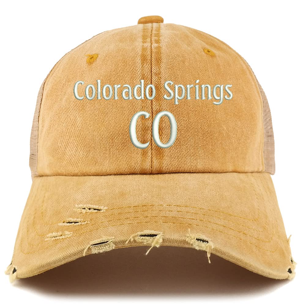 Trendy Apparel Shop Colorado Springs CO Embroidered Frayed Bill Trucker Mesh Back Cap