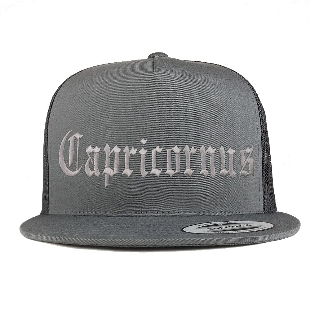 Trendy Apparel Shop Capricornus Old English 5 Panel Flatbill Trucker Cap