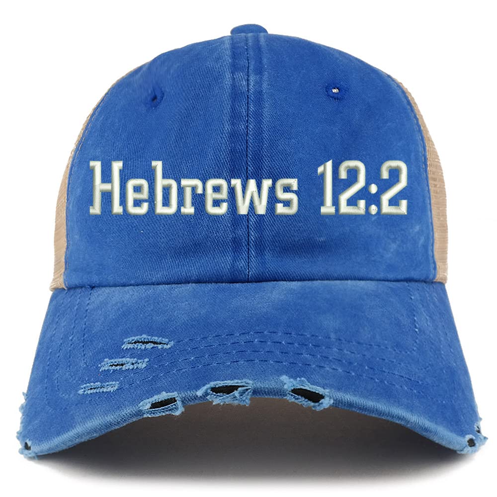 Trendy Apparel Shop Hebrews 12:2 Frayed Bill Trucker Mesh Back Cap