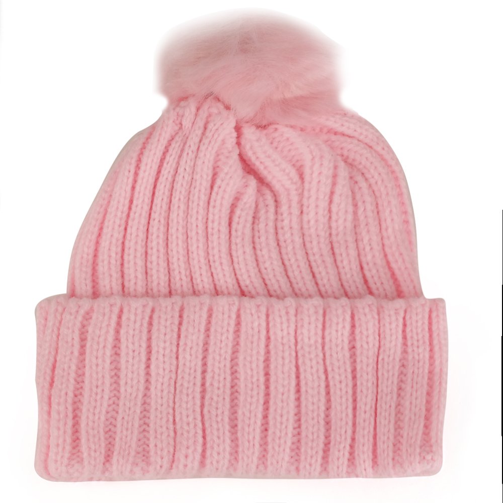 Trendy Apparel Shop Kid's Ribbed Knit Cuff Beanie with Fur Pom Pom