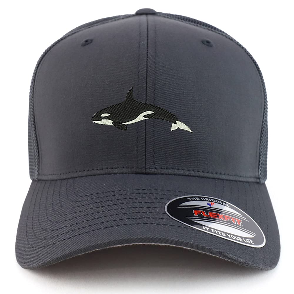 Trendy Apparel Shop Oversized XXL Orca Killer Whale Embroiderd Structured Fitted Trucker Mesh Cap