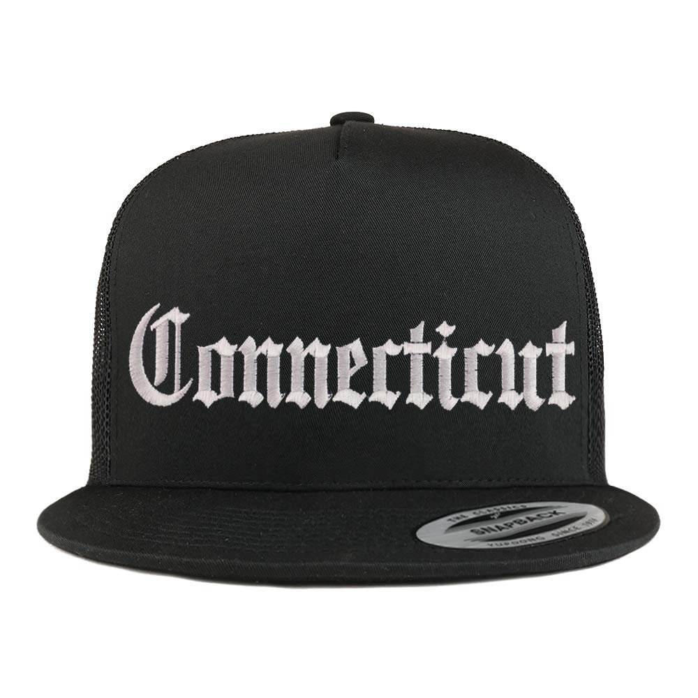 Trendy Apparel Shop Connectiut State Old English 5 Panel Flatbill Trucker Cap