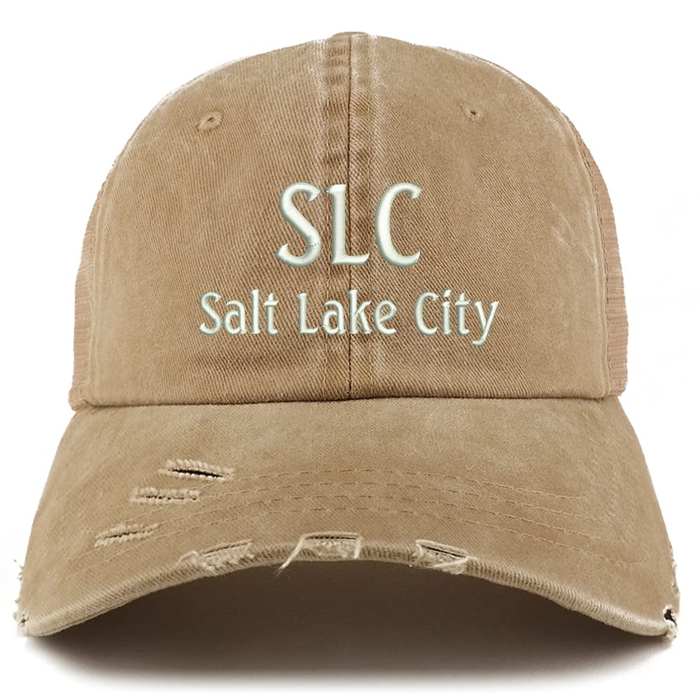 Trendy Apparel Shop SLC Salt Lake City Embroidered Frayed Bill Trucker Mesh Back Cap
