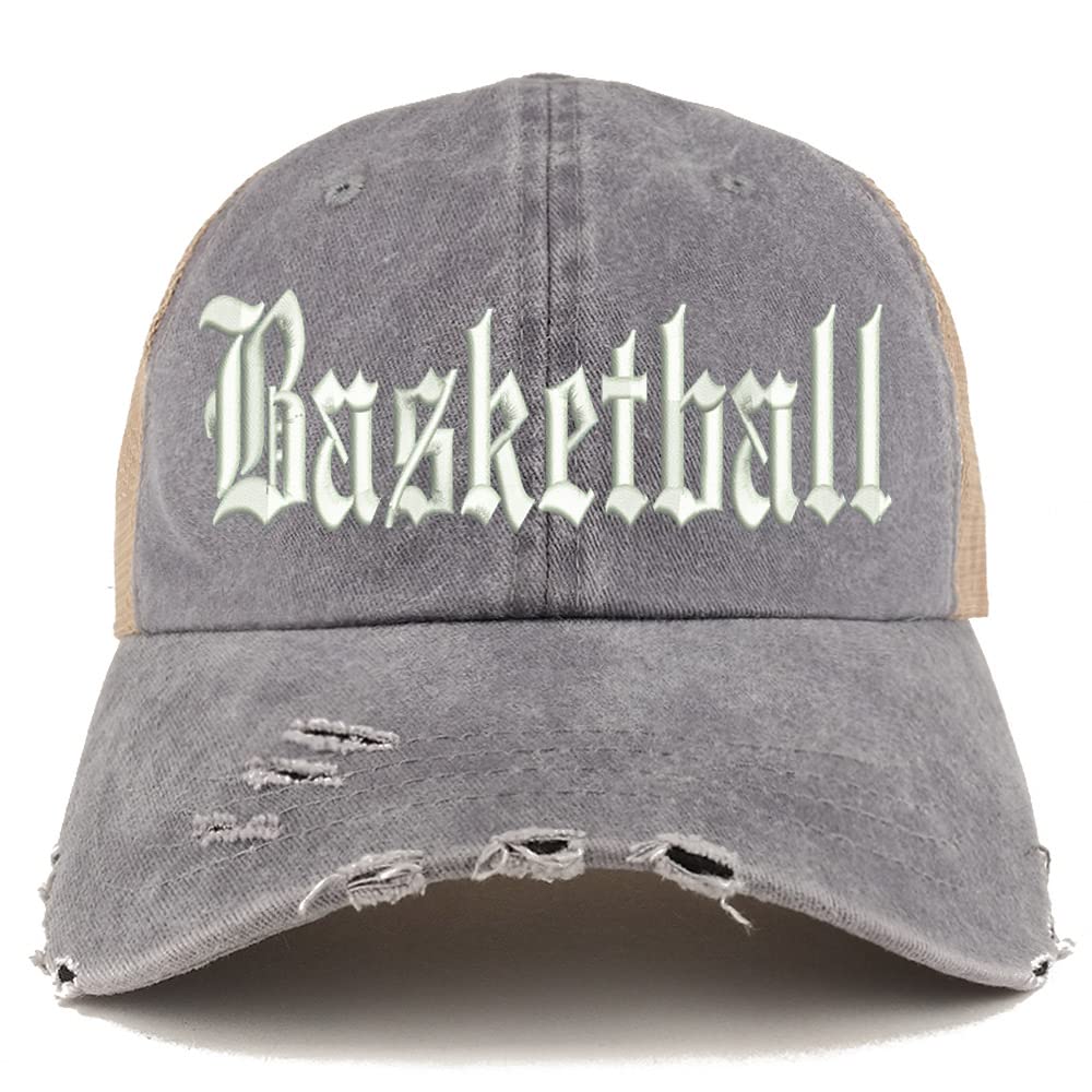 Trendy Apparel Shop Old English Basketball Frayed Bill Trucker Mesh Back Cap