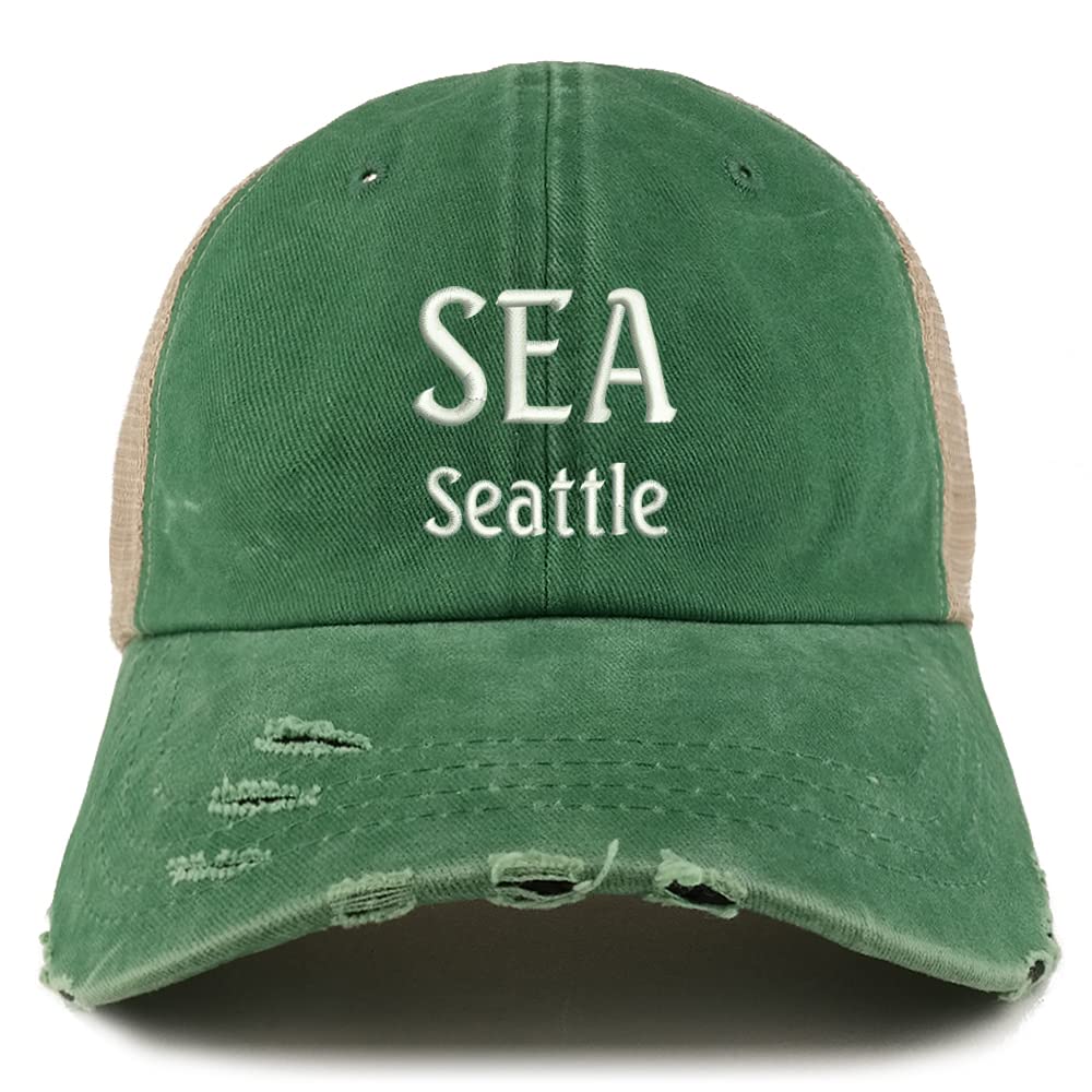 Trendy Apparel Shop SEA Seattle Embroidered Frayed Bill Trucker Mesh Back Cap