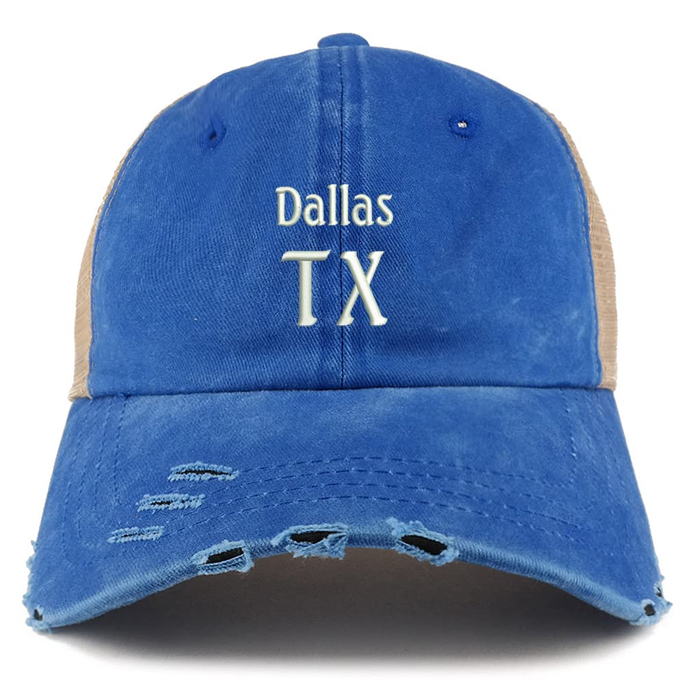 Trendy Apparel Shop Dallas TX Embroidered Frayed Bill Trucker Mesh Back Cap