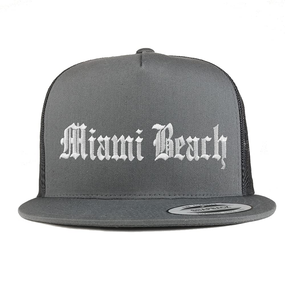 Trendy Apparel Shop Miami Beach Old English 5 Panel Flatbill Trucker Cap