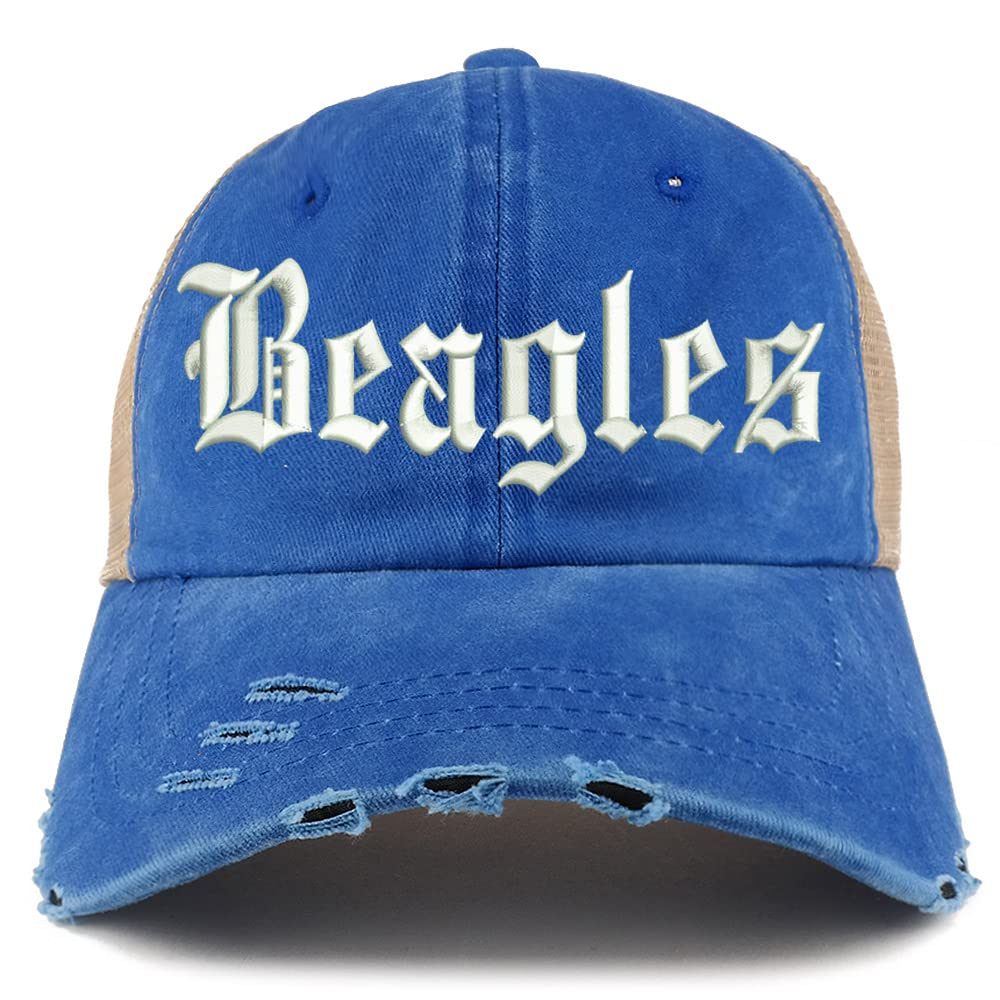 Trendy Apparel Shop Old English Beagles Frayed Bill Trucker Mesh Back Cap