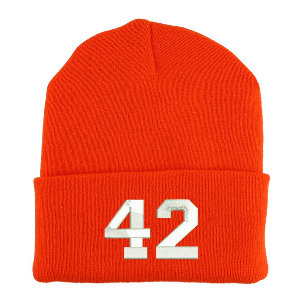 Trendy Apparel Shop Number 42 Collegiate Varsity Embroidered Made in USA Cuff Folded Acylic Knit Winter Beanie Hat
