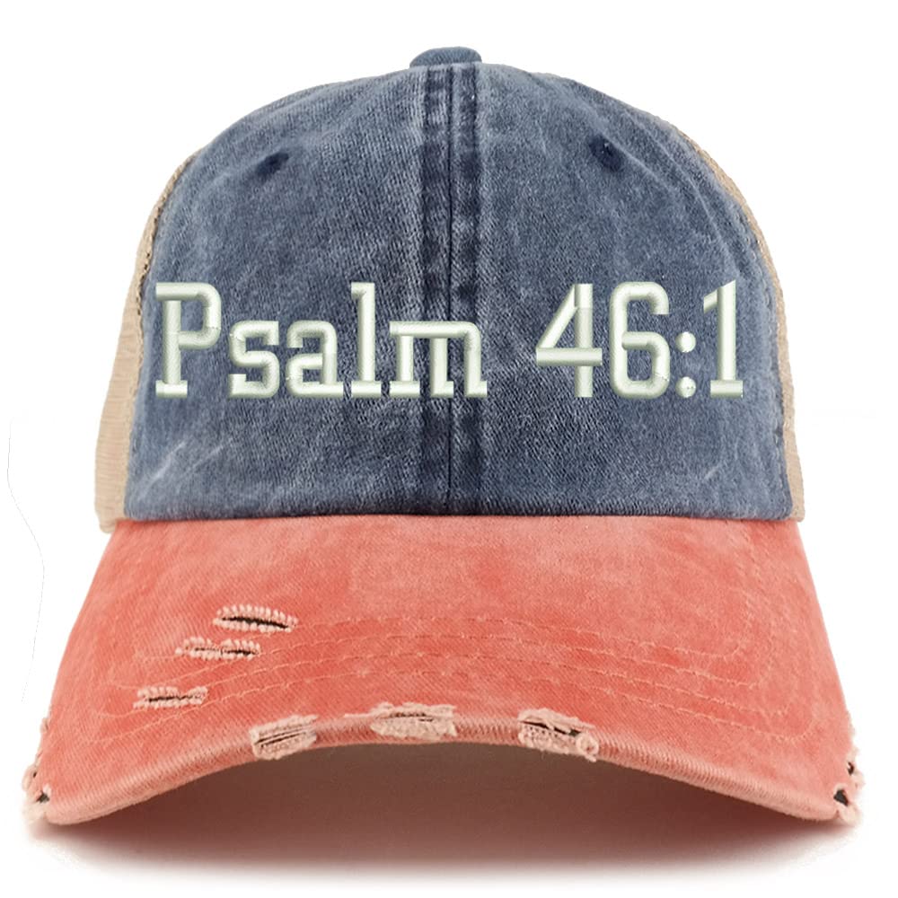 Trendy Apparel Shop Psalm 46:1 Frayed Bill Trucker Mesh Back Cap