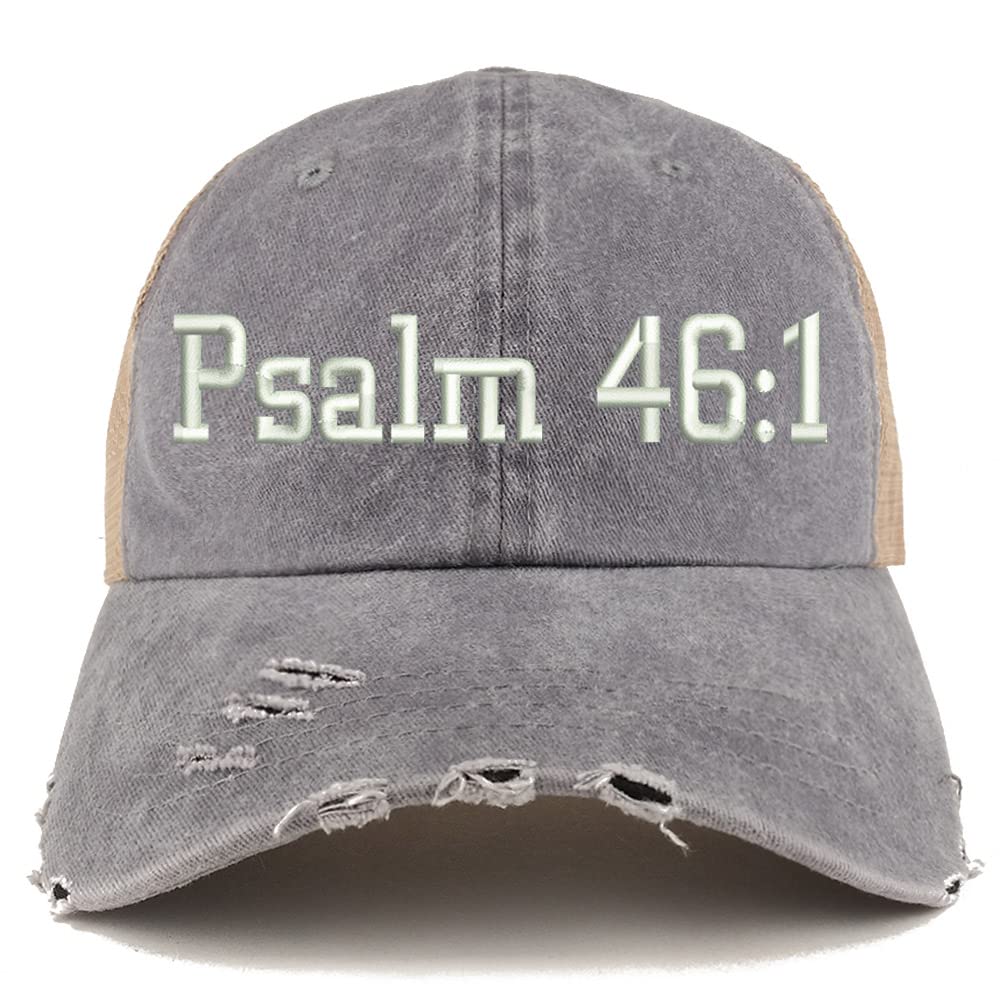 Trendy Apparel Shop Psalm 46:1 Frayed Bill Trucker Mesh Back Cap