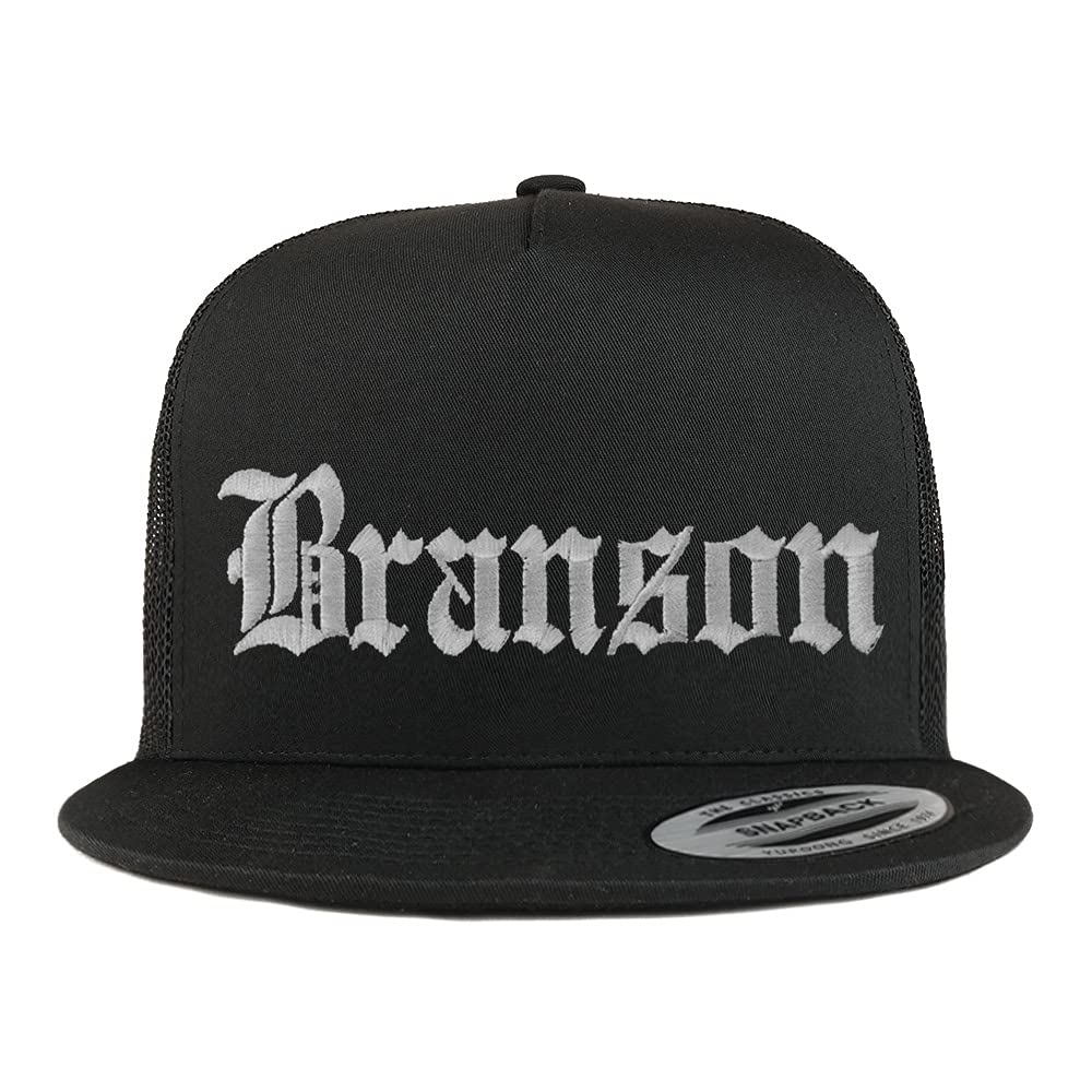Trendy Apparel Shop Branson Old English 5 Panel Flatbill Trucker Cap