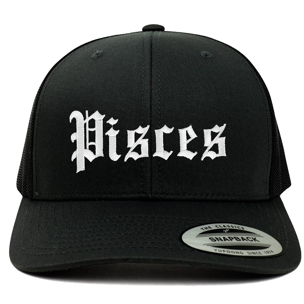Trendy Apparel Shop Pisces Old English 6 Panel Trucker Mesh Cap