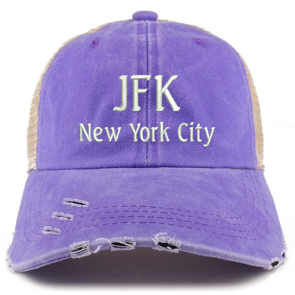 Trendy Apparel Shop JFK New York City Embroidered Frayed Bill Trucker Mesh Back Cap