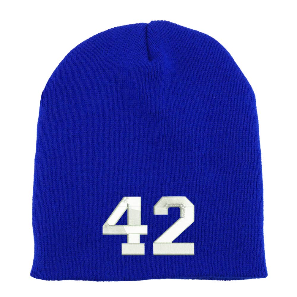 Trendy Apparel Shop Number 42 Collegiate Varsity Font Embroidered Made in USA Short Acrylic Knit Winter Beanie Hat