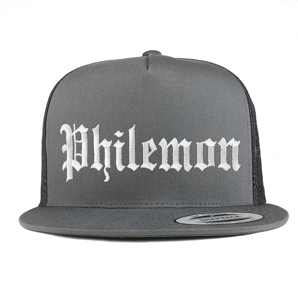 Trendy Apparel Shop Philemon Old English 5 Panel Flatbill Trucker Cap