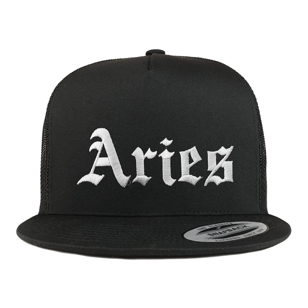 Trendy Apparel Shop Aries Old English 5 Panel Flatbill Trucker Cap