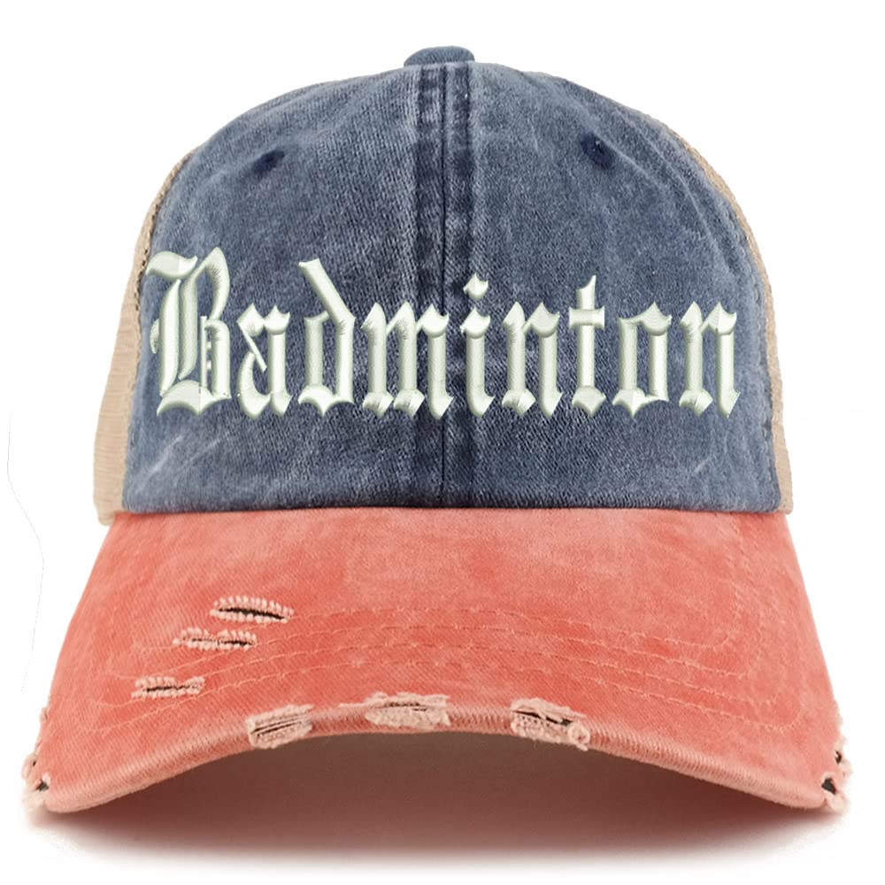 Trendy Apparel Shop Old English Badminton Frayed Bill Trucker Mesh Back Cap