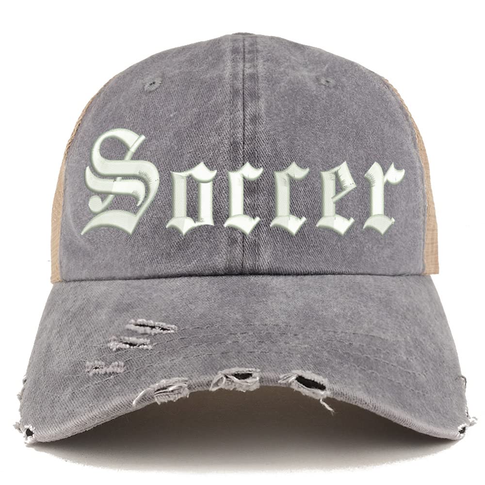 Trendy Apparel Shop Old English Soccer Frayed Bill Trucker Mesh Back Cap