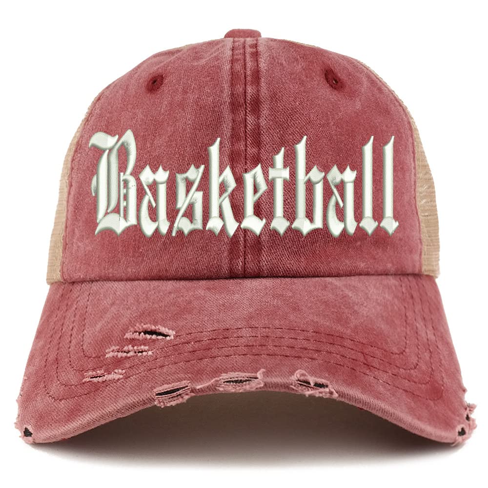 Trendy Apparel Shop Old English Basketball Frayed Bill Trucker Mesh Back Cap