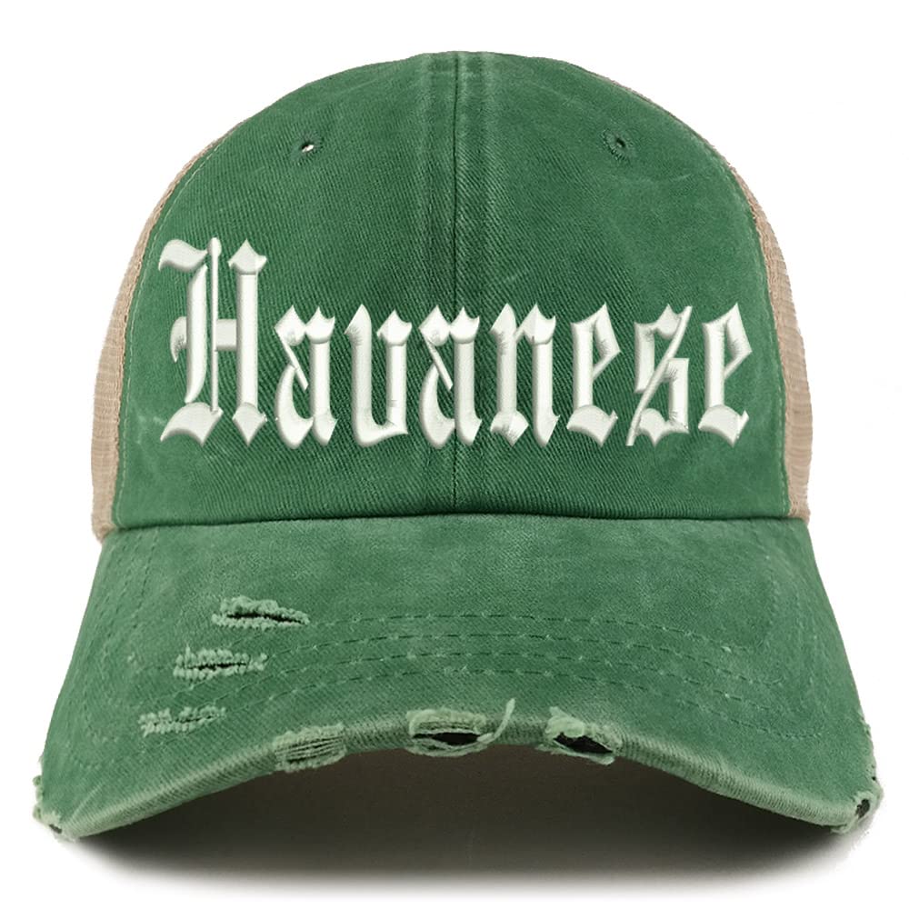 Trendy Apparel Shop Old English Havanese Frayed Bill Trucker Mesh Back Cap
