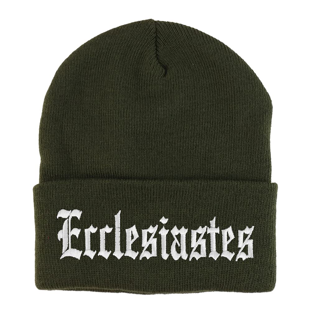 Trendy Apparel Shop Ecclesiastes Old English Embroidered Long Cuff Beanie