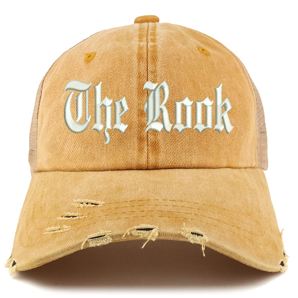 Trendy Apparel Shop The Rook Old English Embroidered Frayed Bill Trucker Mesh Back Cap