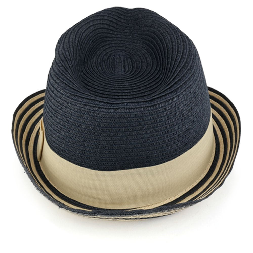 Trendy Apparel Shop Ladies Stylish Striped Brim Paper Braid Fedora with Hat Band