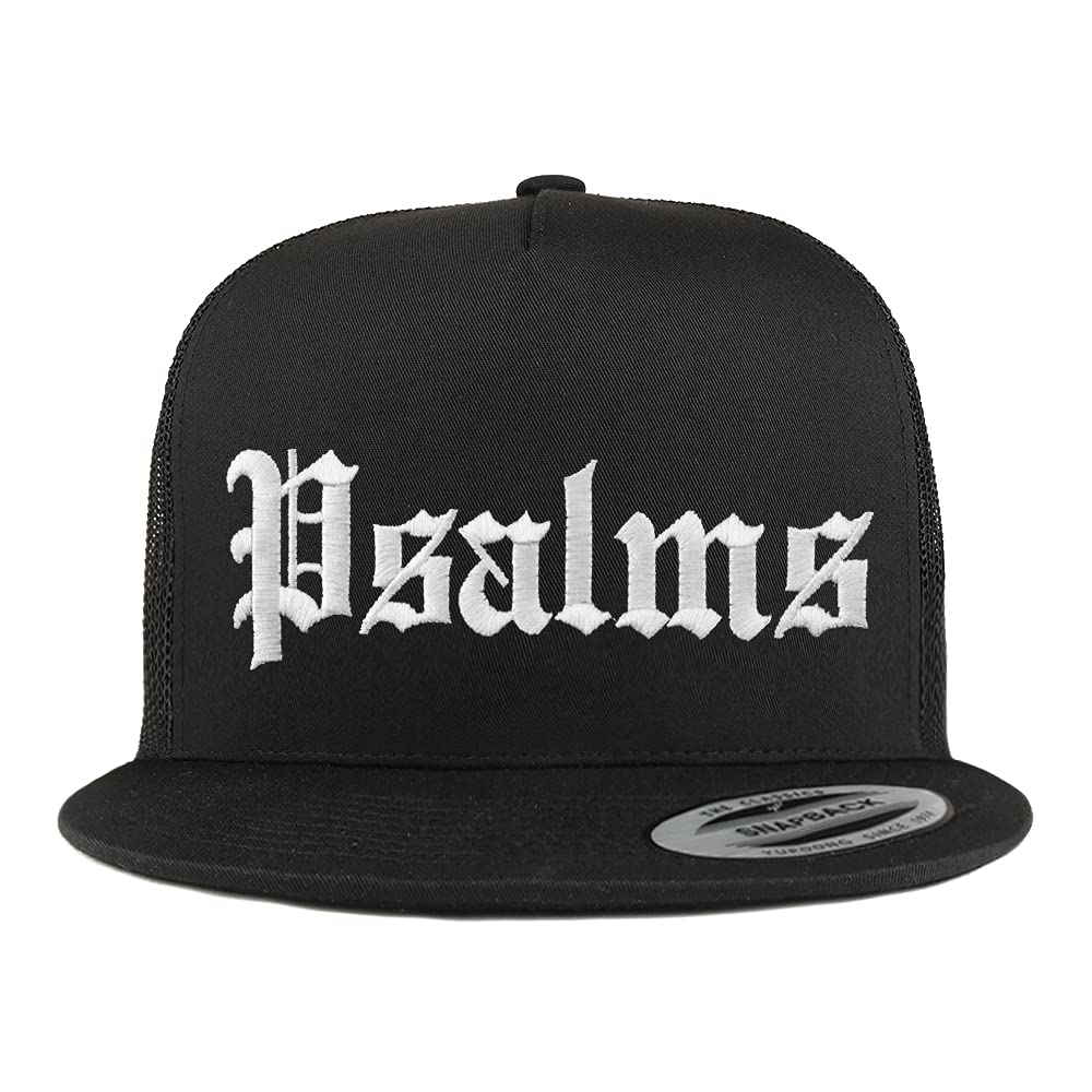 Trendy Apparel Shop Psalms Old English 5 Panel Flatbill Trucker Cap