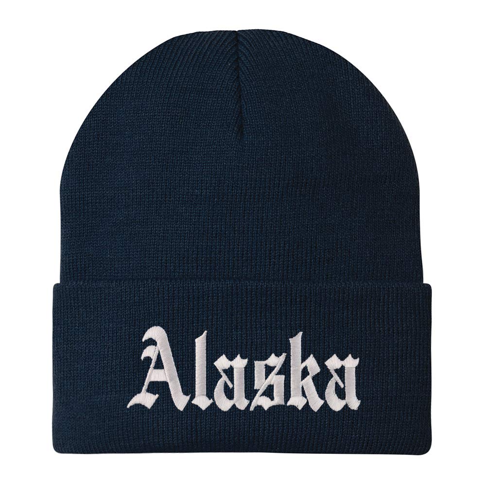Trendy Apparel Shop Alaska State Old English Embroidered Long Cuff Beanie