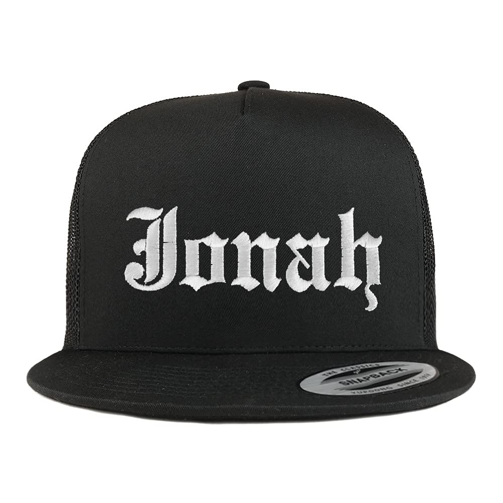 Trendy Apparel Shop Jonah Old English 5 Panel Flatbill Trucker Cap