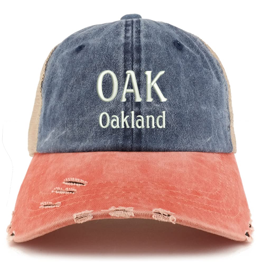 Trendy Apparel Shop Oak Oakland Embroidered Frayed Bill Trucker Mesh Back Cap