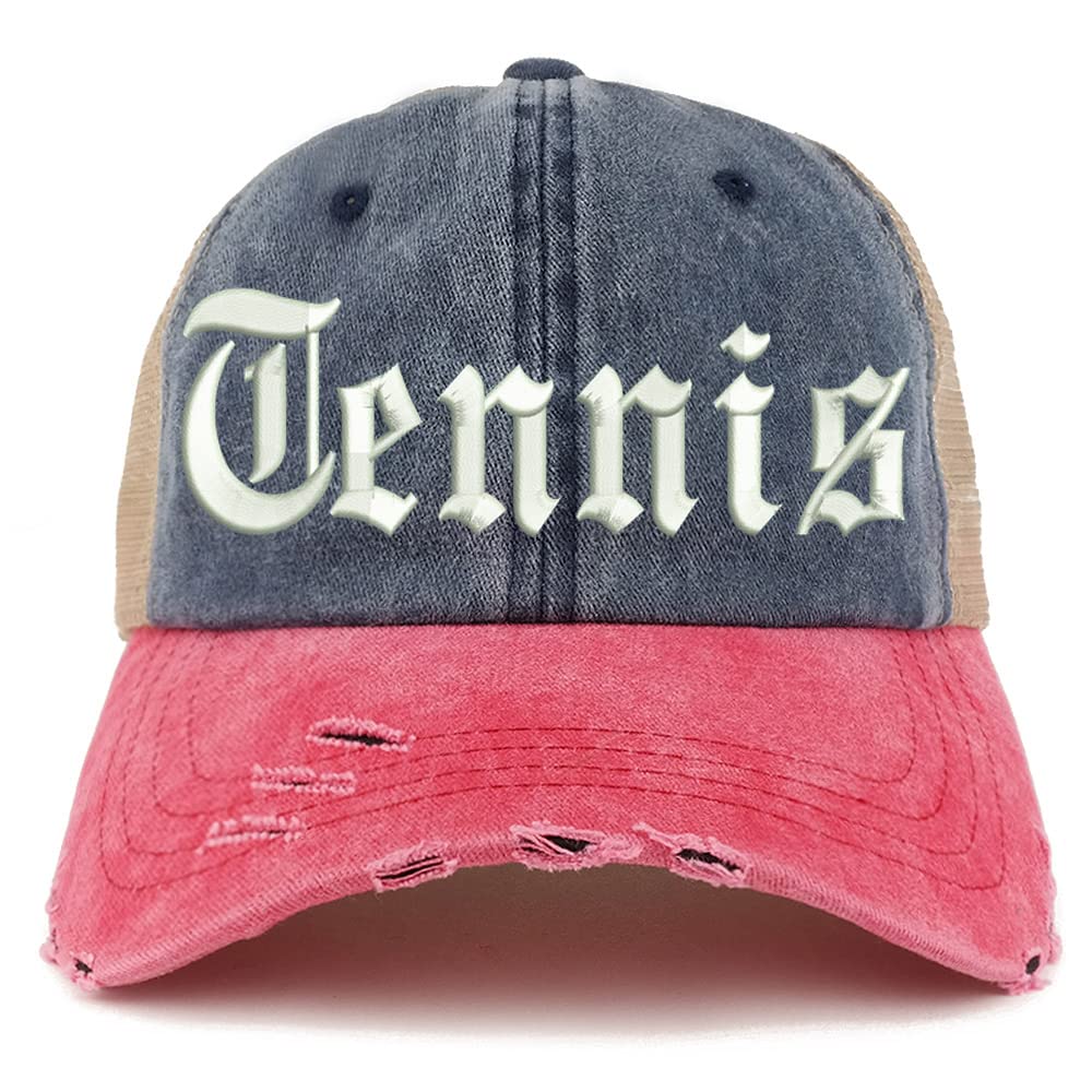 Trendy Apparel Shop Old English Tennis Frayed Bill Trucker Mesh Back Cap