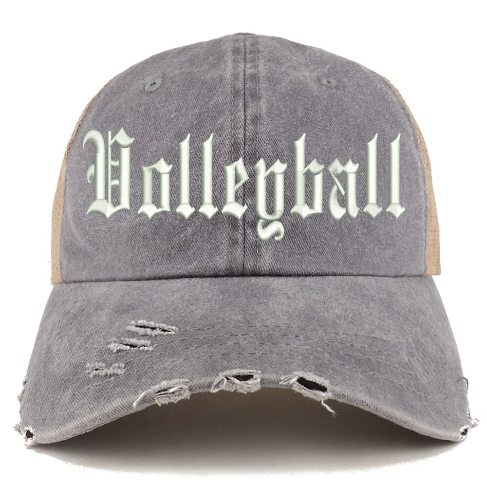 Trendy Apparel Shop Old English Volleyball Frayed Bill Trucker Mesh Back Cap