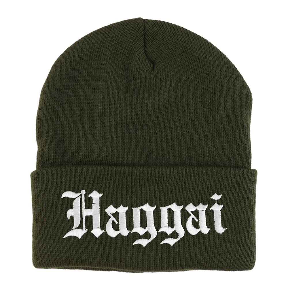Trendy Apparel Shop Haggai Old English Embroidered Long Cuff Beanie