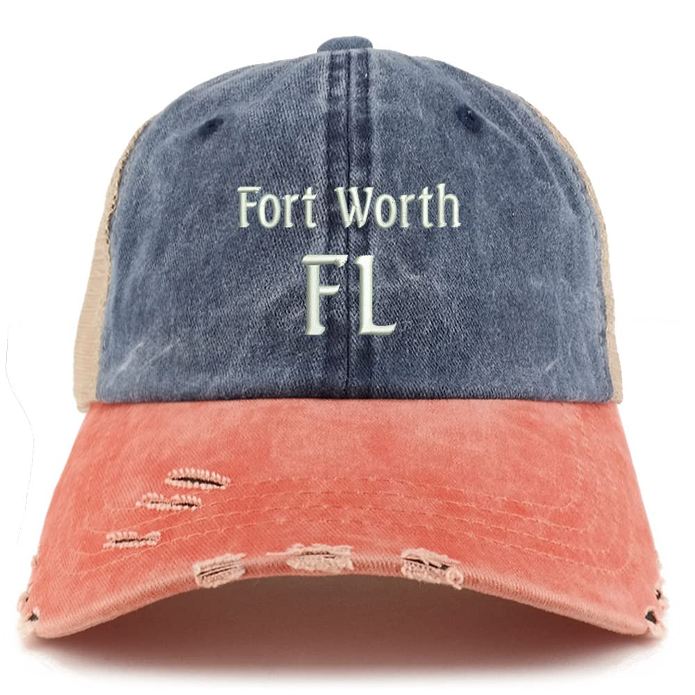 Trendy Apparel Shop Fort Worth FL Embroidered Frayed Bill Trucker Mesh Back Cap