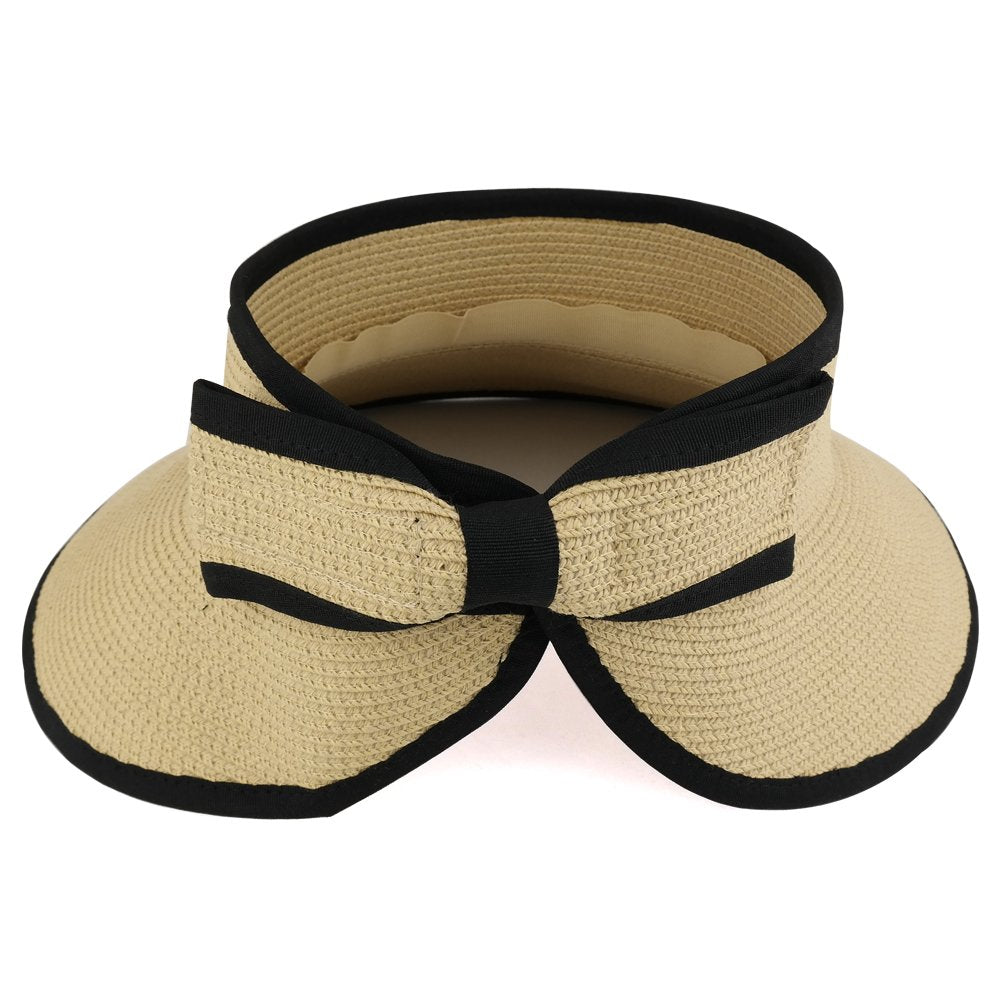 Trendy Apparel Shop Womens UPF 50+ Paper Braid Rolled UV Protection Visor Hat with Bow