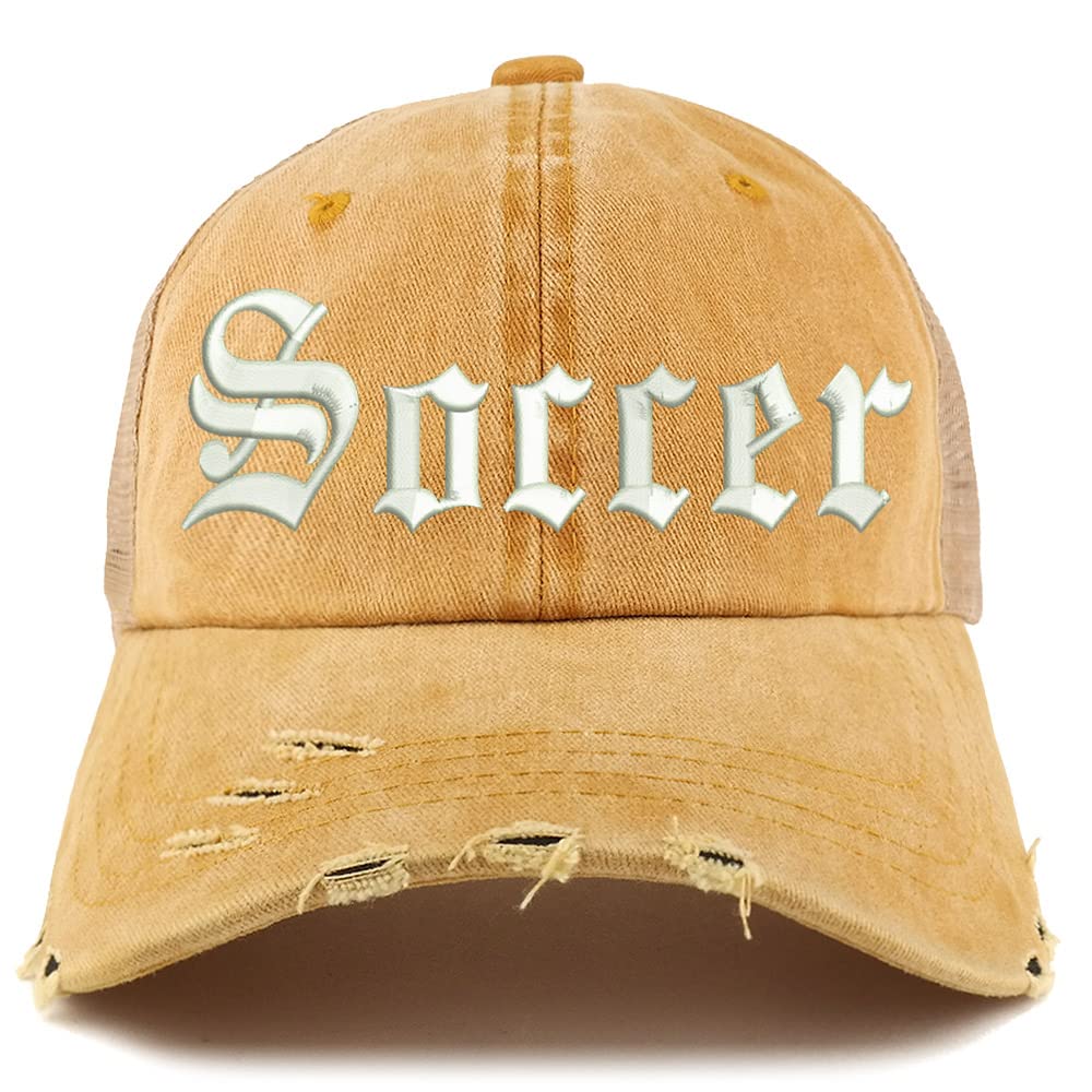 Trendy Apparel Shop Old English Soccer Frayed Bill Trucker Mesh Back Cap