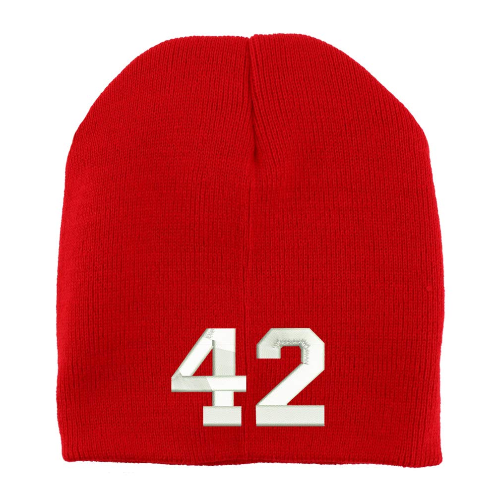 Trendy Apparel Shop Number 42 Collegiate Varsity Font Embroidered Made in USA Short Acrylic Knit Winter Beanie Hat