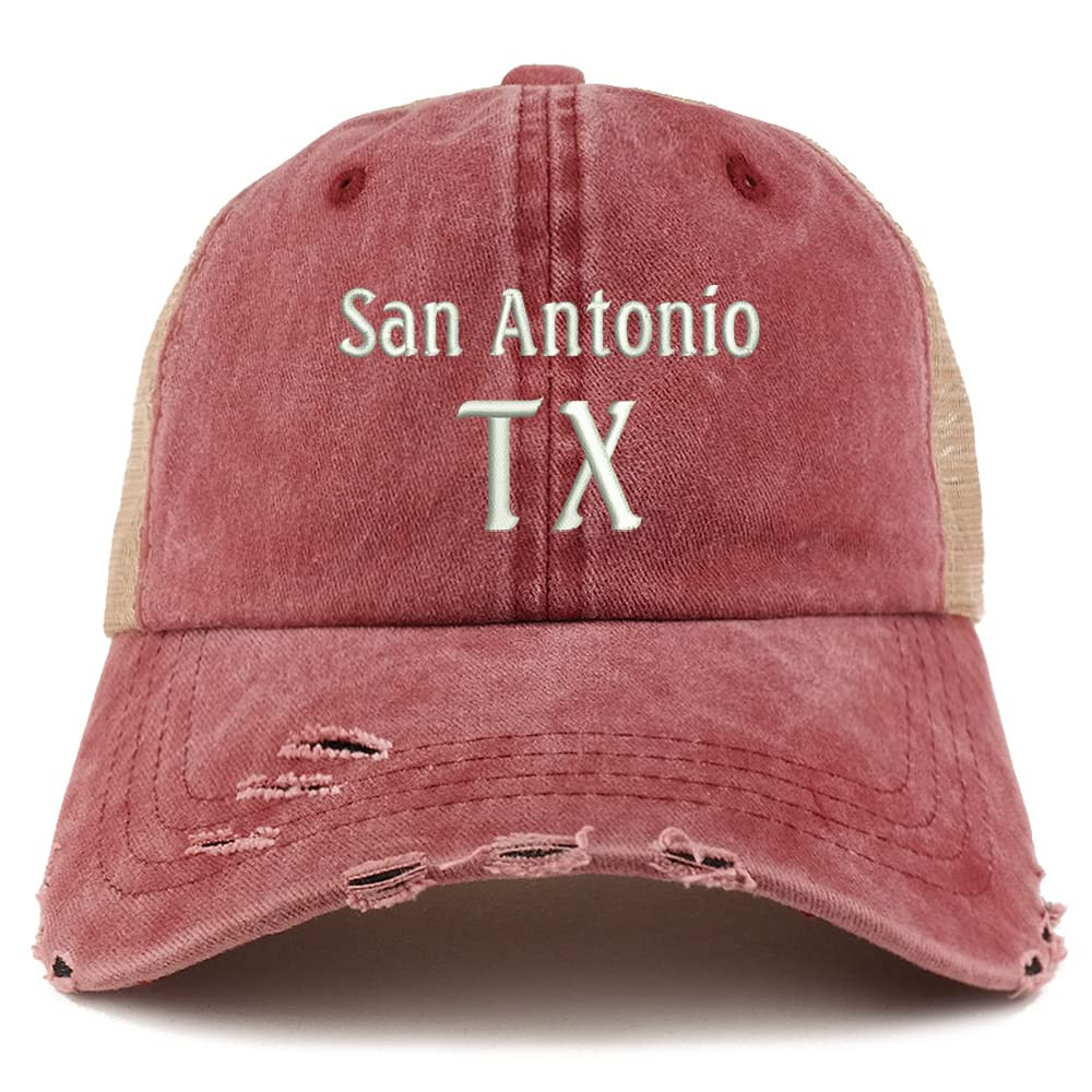 Trendy Apparel Shop San Antonio TX Embroidered Frayed Bill Trucker Mesh Back Cap