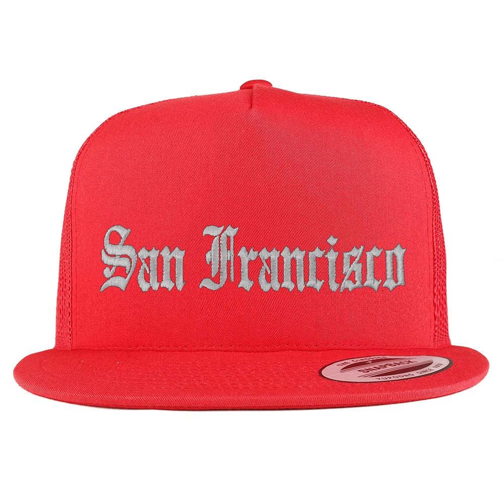 Trendy Apparel Shop San Francisco Old English 5 Panel Flatbill Trucker Cap