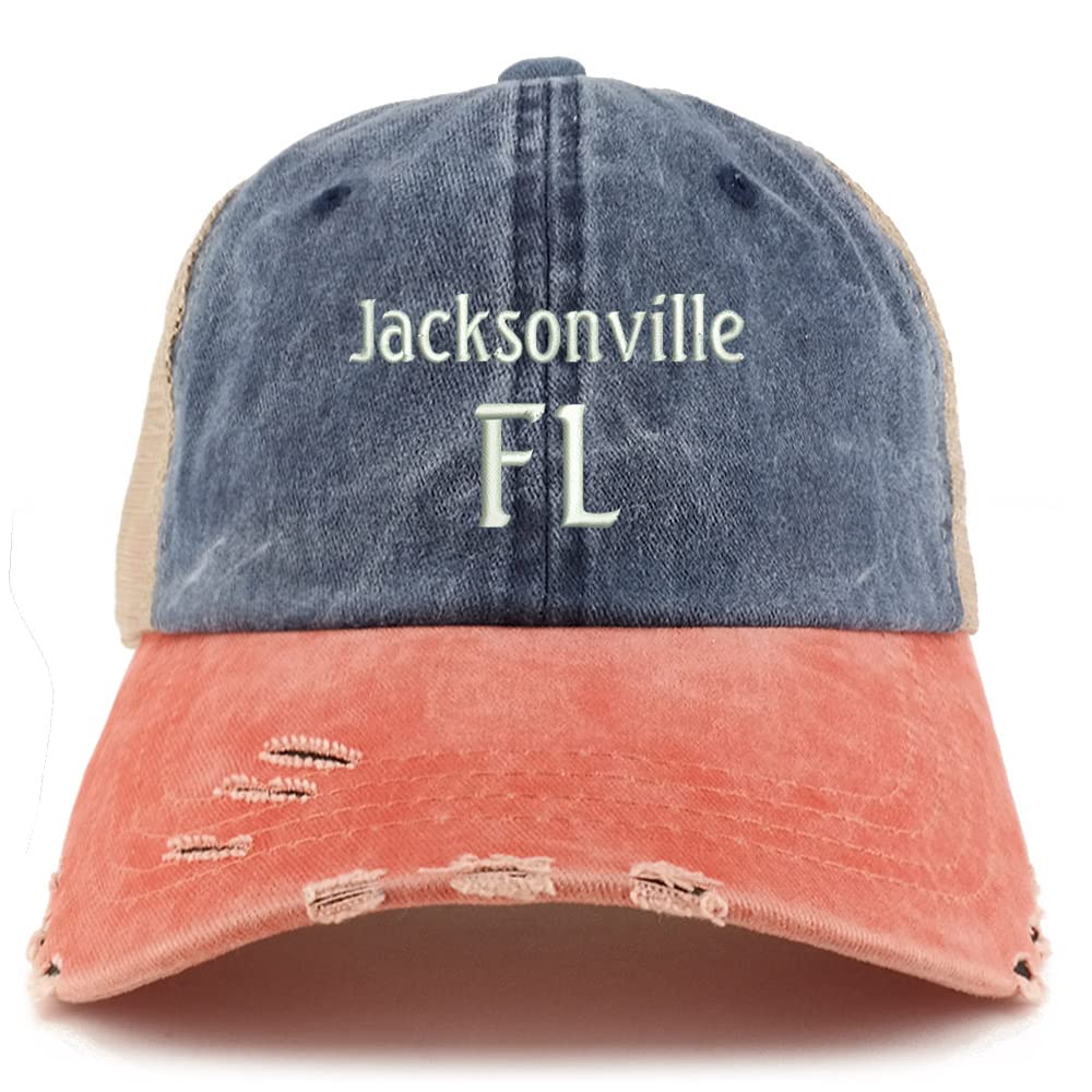 Trendy Apparel Shop Jacksonville FL Embroidered Frayed Bill Trucker Mesh Back Cap