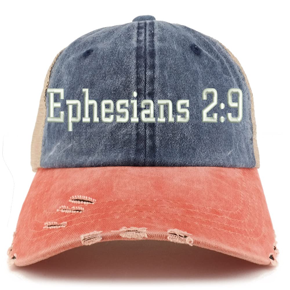 Trendy Apparel Shop Ephesians 2:9 Frayed Bill Trucker Mesh Back Cap